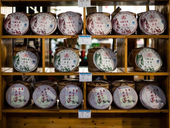 Disks of pu'er tea in shop in Yunnan China